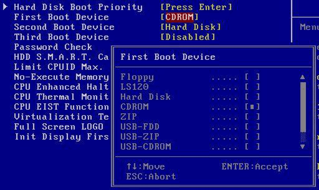 Установка MS-DOS - настройка биос.