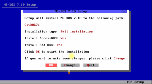 Cистема ms-dos 7.10 - подтверждаем настройки установки.
