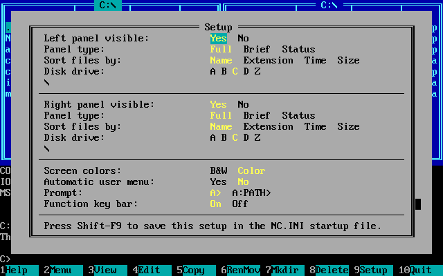 Программа Norton Commander ver. 1.00 - клавиша F9.